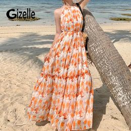 Casual Dresses Gizelle French Vintage Floral Printing Loose Dress Women 2024 Fashion Halter Sleeveless Beach Holiday Maxi Y2k Chic