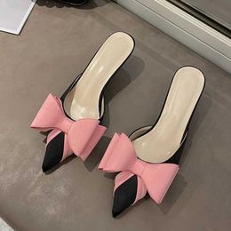 Dress Shoes 2024 New Fashion Rhinestone Butterfly-Knot Women Pumps Slippers Sandals Toe Low Thin Heels les Female Shoes H240401