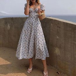 Casual Dresses Women's Summer Dress Bohemian Floral Print Sundress 2024 Elegant Puff Sleeve Square Collar Robe Tie-Up High Split Ladies