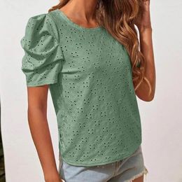Women's Blouses Women Lightweight Top Breathable Summer For Soft Pleated Pullovers With Bubble Sleeves Hollow Out Design Solid