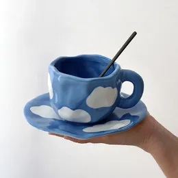 Cups Saucers Creative Hand Painted Underglaze Ceramic Coffee Cup With Saucer Microwave Dishwasher Safe Cute Blue Sky And White Clouds Set