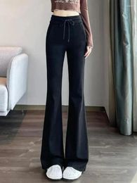 Women's Pants 2024 Black Long Slim Bell-bottoms High Waist Autumer Winter Korean Fashion Grey Casual Drawstring Bandage Trousers