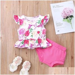 Clothing Sets Summer 2Pcs Baby Girl Clothes Set Flower Print Ruffles Flying Sleeve Tops Pink Briefs Breathable Outfit 0-18M Drop Deliv Otvp8