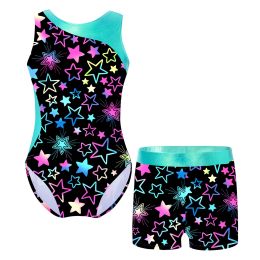 Wear Children Girls Printed Gymnastics Leotard Ballet Dance Outfit 2 Pieces Swimwear Swimsuit Jumpsuit with Shorts Skating Bodysuit