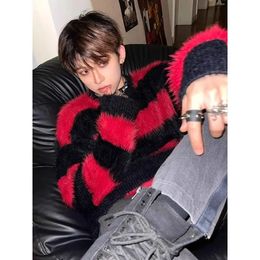 Vintage Pullover Black Red Contrast Striped Sweater Fashion Versatile Knit HIP HOP Mens Clothing High Quality Casual Jumper 240326