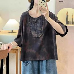 Women's T Shirts 2024Women Cotton T-Shirts Spring Retro Patchwork Vintage Bandhnu Loose O-Neck Collar Half Sleeve Female Tide Tops Wild