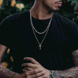 Pendant Necklaces Vnox Mens Cross Necklaces Stainless Steel Layered Plain Cross Pendant Rope Box Chain Necklace Simple Prayer Jesus Collar 240330