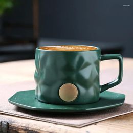 Cups Saucers Ceramic Coffee Cup With Saucer Cover Set Green Mug Copper Stamp Printed Water