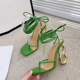 Dress Shoes New Fashion Green Cross Ankle Strap Womens Strange High Heels Sexy Sandals Summer Pinch Narrow Band Square Toe Party Shoe H240401