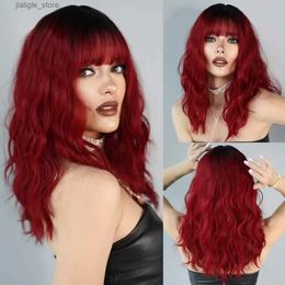 Synthetic Wigs NAMM Synthetic Wig for Women with Bangs Halloween Cosplay Wig Water Wave Wine Red Hair Natural Heat Resistant Hair Wavy Wigs Y240401