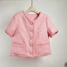 Women's Jackets Small Fragrance Short Sleeve Coat Women Spring Summer Fashion Vintage Round Neck Casual Chic French Tweed Pink Lady Jacket