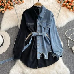 Basic Casual Dresses 2023 Spring Vintage Women Dress Denim Stitching Corduroy Lapel Vestidos Femme Fashion Irregar Midi Shirt Mujer Dr Dhc52