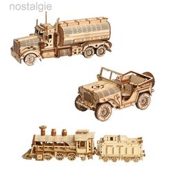Blocks 3D Train Model Building Blocks Toy Kit DIY Child Adults Assembly Jigsaw Craft Moveable Steam Locomotive Truck Car Wooden Puzzles 240401