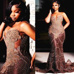 2024 Aso Ebi Brown Mermaid Prom Dress Beaded Crystals Sequined Evening Formal Party Second Reception 50th Birthday Engagement Gowns Dresses Robe De Soiree ZJ316