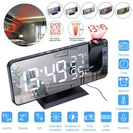 Table Clocks Projection Digital Alarm Clock 180° Rotatable Radio With Temperature & Humidity Display For Bedroom Office