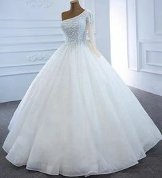 Princess Ball Gown Wedding Dress One Shoulder Heavy Handwork Pearls Puffy Lace Back Mariage Bridal Gowns Vestidos De Novia