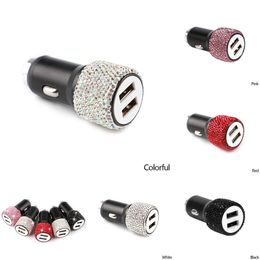 2024 Bling USB Car Charger 5V 2.1A Dual Port Fast Adapter 4 Colours Decor Car Styling Diamond Car Accessories Interior For Woman Girls