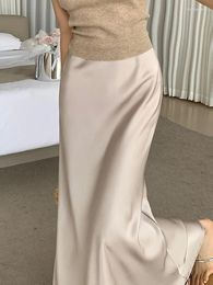 Skirts Satin Skirt For Women 2024 Summer High Waisted Long Office Lady Solid Champagne Black Elastic Waist Women's A-line
