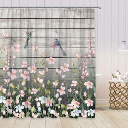 Shower Curtains Plant Floral Set Flowers Green Leaves Bird Grey Wooden Board Backdrop With Hooks Fabric Bathroom Decor Pink Blue