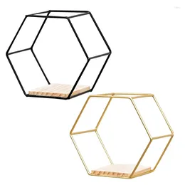 Decorative Plates Nordic Style Wall Mounted Floating Hexagon Shelf Metal Iron Framed Storage Holder Rack With Wooden Board Geometric Frame