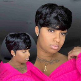 Synthetic Wigs Cut Wigs For Black WomenRemy Short Black Wigs with Bangs Pixie Wigs for Black Women Glueless Layered Wavy Wigs Black Colour Y240401
