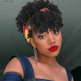 Synthetic Wigs Black womens curly wig headband wig with bangs 2-in-1 synthetic short African twisted curly wig headband connection Y240401