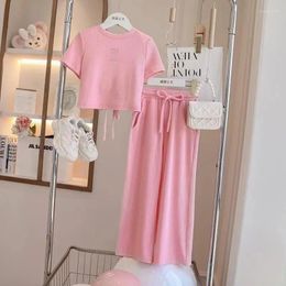 Clothing Sets Summer Girls Short-Sleeved Top Set Children's Thin T-Shirt Casual Wide-Legged Pants Two-Piece Kids Sweet Fashion Suit 4-12Y