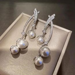 Fashion Fairy Pearl Drop Earrings Elegant Lady Wedding Jewellery Suit for Party Banquet Fit Ears Cubic Zirconia Dangling Earring 240401