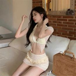 Women's Swimwear Womens solid color swimsuit suspender bikini set summer lace up bathrobe 3-piece swimsuit short sleeved top J240330