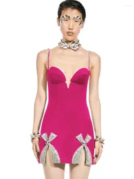 Casual Dresses BEVENCCEL Women's 2024 Sexy Pink Diamonds Bandage Mini Dress V Neck Off Shoulder Tight Evening Party Club Vestidos