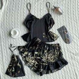 FYCE Sexy Pyjamas 2 Pcs Set Summer Imitation Silk Pyjama Set Fashion Print Suspenders and Shorts With Hanging Bag Home Wear Set Sexy Suspenders 2404101