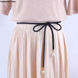 Belts Solid Fashion Womens Tassel Tie Vintage Pearl Waist Cord Pleated Belt Womens Dress Thin Srting Femee Black Q240401