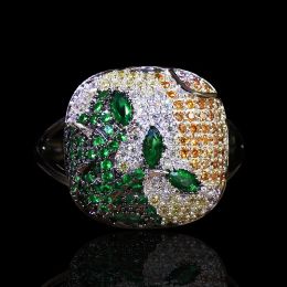 Rings CIZEVA Ladies Ring Trendy Green Zircon Crystal Ring Two Tone Black Gold Colour Leaves Wedding Rings for Women Girls