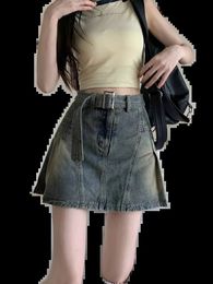 Plus Size Vintage Style Pleated Denim Skirt Unique One Line Design For Women Spring Summer High Waist Slim Half 240401