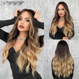 Synthetic Wigs NAMM Women Synthetic Wigs Brown Gradient Blonde Colour Long Wavy Wigs Cosplay Fake Hair Natural Water Wave Heat Resistant Wigs Y240401