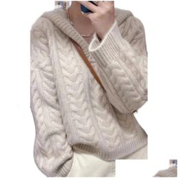 Womens Sweaters Plover 100% Cashmere Sweater Loose Casual Pure Colour Knitted Ladies Long Sleeve Hooded Wool Short Winter Drop Delivery Dhrzp