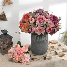 Decorative Flowers Retro Simulation Hydrangea Rose Silk Flower Peony Artificial Bouquet Wedding Party Home Table Decoration