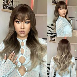 Synthetic Wigs EASIHAIR Ombre Brown Blonde Long Wavy Synthetic Wigs with Bangs Natural Grey Ash Hair Wig for Women Daily Cosplay Heat Resistant Y240401