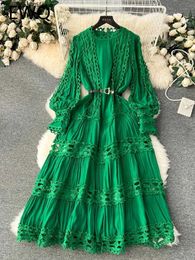 Basic Casual Dresses EWQ Hollow Out Lace Patchwork Puff Long Sleeve Solid Colour Vestidos Sweet Style Womens Dress Winter Spring 2024 New 27SN5590 yq240402