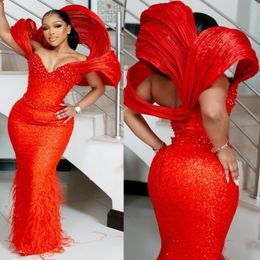 2024 Aso Ebi Red Sheath Prom Dress Feather Beaded Evening Formal Party Second Reception 50th Birthday Engagement Gowns Dresses Robe De Soiree ZJ306