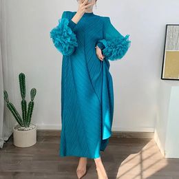 Miyake Pleated Maxi Long Dress Mesh Petal Sleeve Half Turtleneck Formal Dresses for Women 2024 Birthday 240318