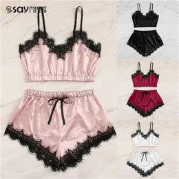 Sexy Pyjamas 1set Lingerie Sexy Bra Set Womens Sleepwear Sleeveless Strap Lace Trim Satin Cami Tops Pyjama Sets Bras Women Brief Sets 240330