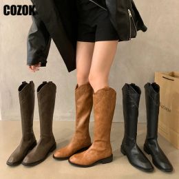 Boots Vintage Rivet Knee High Boots Women's 2023 New Knight Long Boot Ladies Cowboy Flats Solid Female Shoes Back Zipper Autumn Winter