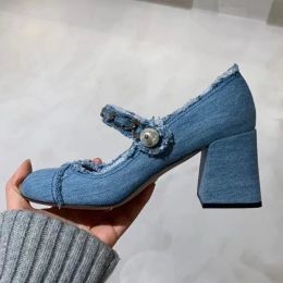 Pumps 2022 Retro Denim Shoes Ladies Chunky High Heels Mary Jean Cloth Band Pearl Chain Pumps Woman Patchwork Office Dress Bombas Mujer