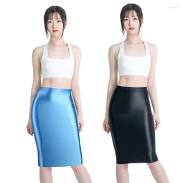 Skirts Women's Sexy Glitter Oil One Step Hip Wrap Business Stretch Office Glossy Mid-calf Pencil Slim Bodycon Smooth Long