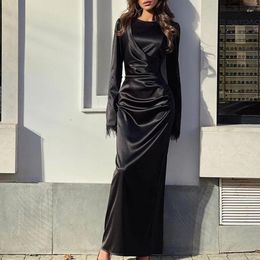Casual Dresses Elegant Smooth Silk Satin Ladies Chic Long Sleeve Stitching Feather Dress Women Fashion Solid Crew Neck Party