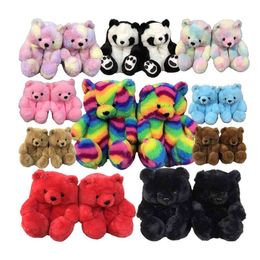 Teddy Bear Women Plush Slippers Cartoon Cute Bear House Slipper Indoor Furry Faux Fur Slides Woman Shoes Sandals 2024 Y0406