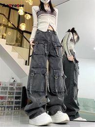 Women's Jeans Aotvotee Washed Do Old For Women 2024 Streetwear High Waisted Loose Cargo Pants Vintage Full Length Pockets Straight