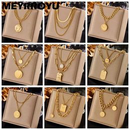 Pendant Necklaces MEYRROYU 316L stainless steel hip-hop punk retro multi-layer coin pendant necklace womens double-layer chain necklace jewelryL2404