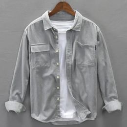 Spring Men Cargo Shirt Singlebreasted Loose Long Sleeves Shirt Turndown Collar Cardigan Corduroy Outdoor Workwear Shirt Coat 240326